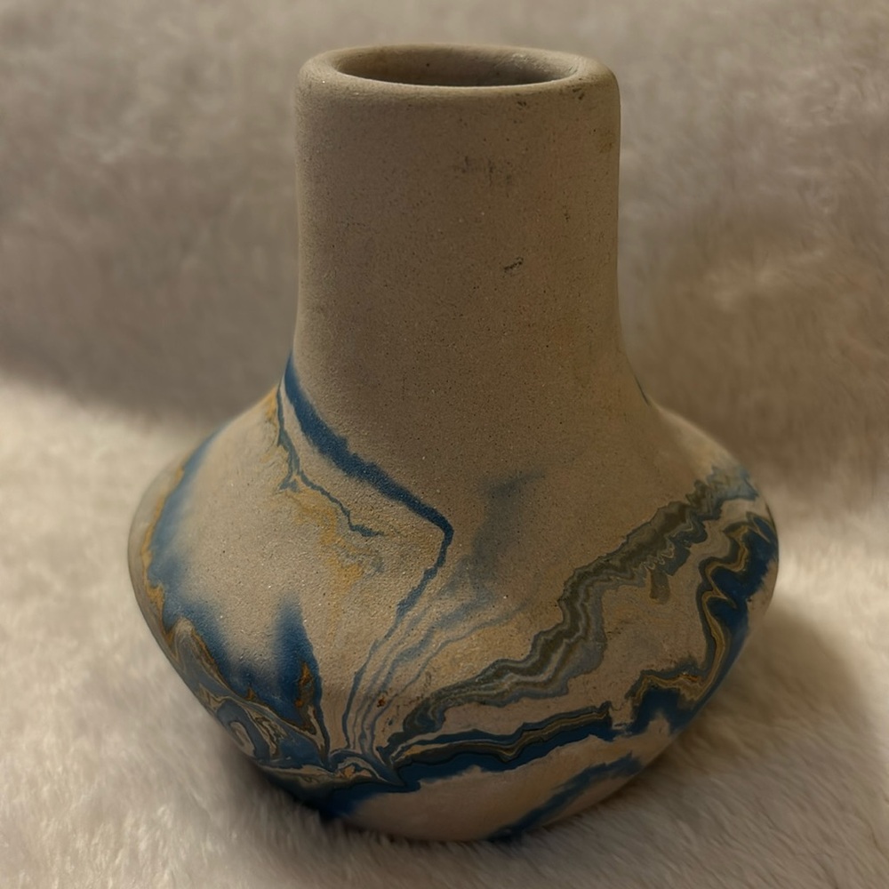 Vintage Nemadji Cobalt Blue Swirl Marbled Pottery Handmade Painted USA Southwest